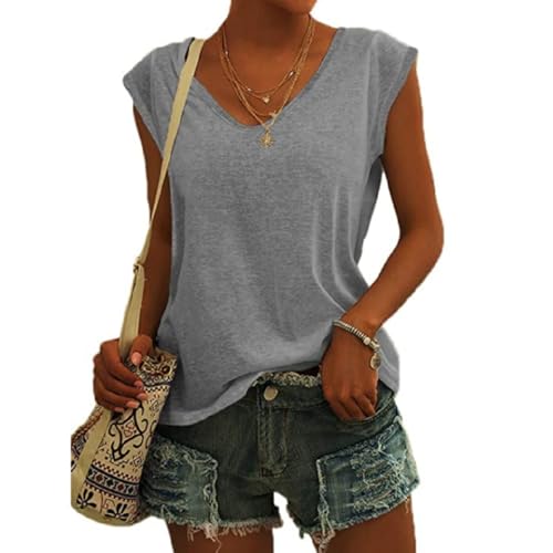 Damen T-Shirt Kurzarm V-Ausschnitt Flügelärmeln Oberteile Blusen Sommer Casual Lose Tank Top Basic Mädchen Tops Bluse Frauen Elegant Ärmellose T-Shirt Casual Weiß Oberteile (Grau,S) von ZLQRSSWK