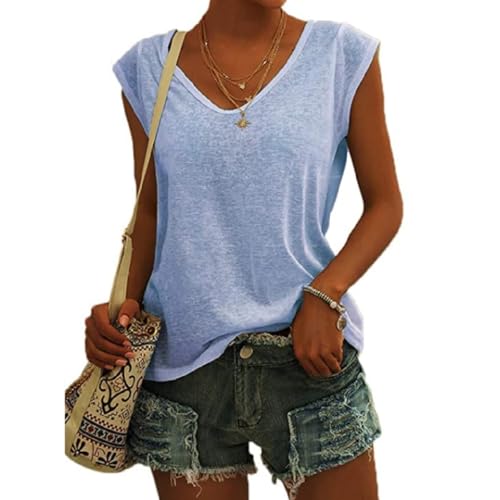 Damen T-Shirt Kurzarm V-Ausschnitt Flügelärmeln Oberteile Blusen Sommer Casual Lose Tank Top Basic Mädchen Tops Bluse Frauen Elegant Ärmellose T-Shirt Casual Weiß Oberteile (Hellblau,L) von ZLQRSSWK