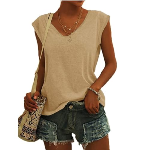 Damen T-Shirt Kurzarm V-Ausschnitt Flügelärmeln Oberteile Blusen Sommer Casual Lose Tank Top Basic Mädchen Tops Bluse Frauen Elegant Ärmellose T-Shirt Casual Weiß Oberteile (Khaki,XXL) von ZLQRSSWK