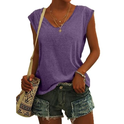 Damen T-Shirt Kurzarm V-Ausschnitt Flügelärmeln Oberteile Blusen Sommer Casual Lose Tank Top Basic Mädchen Tops Bluse Frauen Elegant Ärmellose T-Shirt Casual Weiß Oberteile (Lila,XXL) von ZLQRSSWK