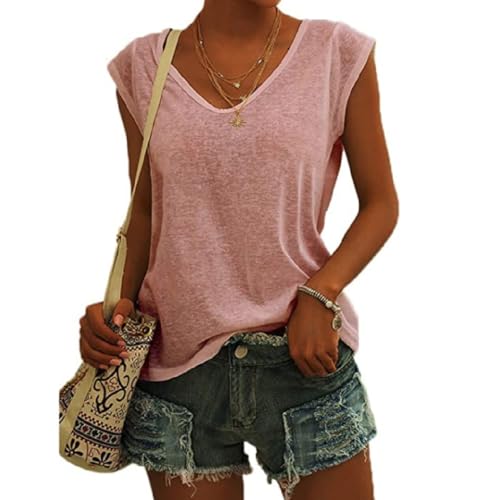 Damen T-Shirt Kurzarm V-Ausschnitt Flügelärmeln Oberteile Blusen Sommer Casual Lose Tank Top Basic Mädchen Tops Bluse Frauen Elegant Ärmellose T-Shirt Casual Weiß Oberteile (Rosa,M) von ZLQRSSWK