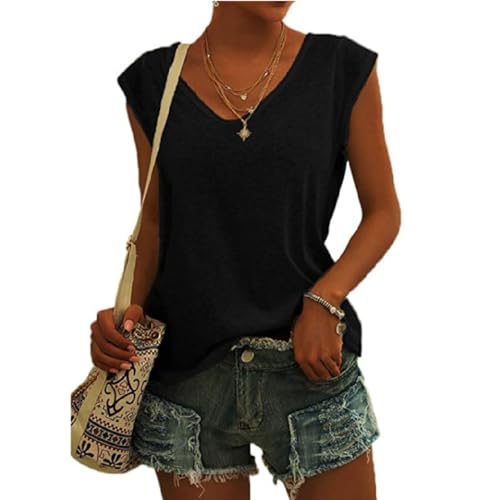 Damen T-Shirt Kurzarm V-Ausschnitt Flügelärmeln Oberteile Blusen Sommer Casual Lose Tank Top Basic Mädchen Tops Bluse Frauen Elegant Ärmellose T-Shirt Casual Weiß Oberteile (Schwarz,XXL) von ZLQRSSWK
