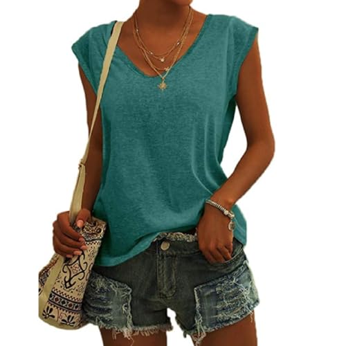 Damen T-Shirt Kurzarm V-Ausschnitt Flügelärmeln Oberteile Blusen Sommer Casual Lose Tank Top Basic Mädchen Tops Bluse Frauen Elegant Ärmellose T-Shirt Casual Weiß Oberteile (Seeblau,XXL) von ZLQRSSWK