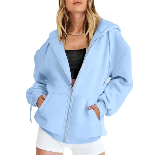 Hoodie Damen Sweatjacke Kapuzenjacke Herbst Winter Lang Sweatshirt Kapuzenpullover Mit Kapuze Reißverschluss Mantel Oversize Pullover Zipper Sweatshirtjacke Oberteile (Blau,S) von ZLQRSSWK
