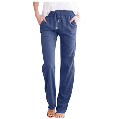 Leinenhose Damen Hose Sommer Musselin Hosen Stoffhose Einfarbig Freizeithose Gerade Geschnitten Sommerhose und Taschen Sommerhose Damen Leicht Baumwolle Leinen Hose (Blue-a, S) von ZLQRSSWK