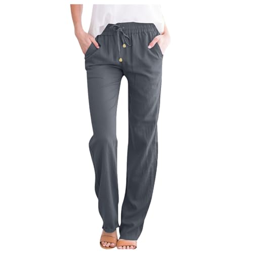 Leinenhose Damen Hose Sommer Musselin Hosen Stoffhose Einfarbig Freizeithose Gerade Geschnitten Sommerhose und Taschen Sommerhose Damen Leicht Baumwolle Leinen Hose (Dark Gray-a, M) von ZLQRSSWK