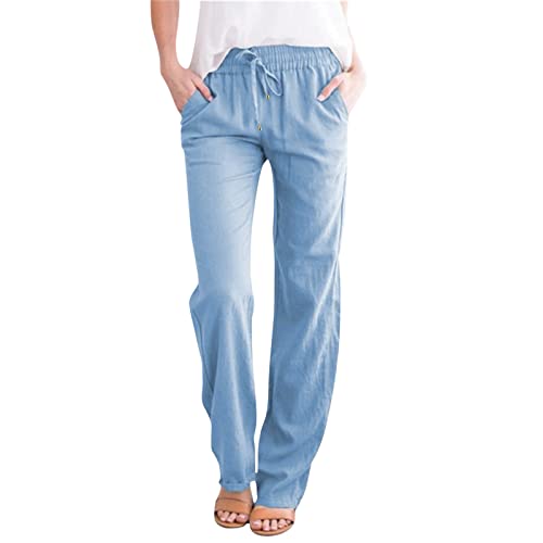 Leinenhose Damen Hose Sommer Musselin Hosen Stoffhose Einfarbig Freizeithose Gerade Geschnitten Sommerhose und Taschen Sommerhose Damen Leicht Baumwolle Leinen Hose (Light Blue-a, M) von ZLQRSSWK