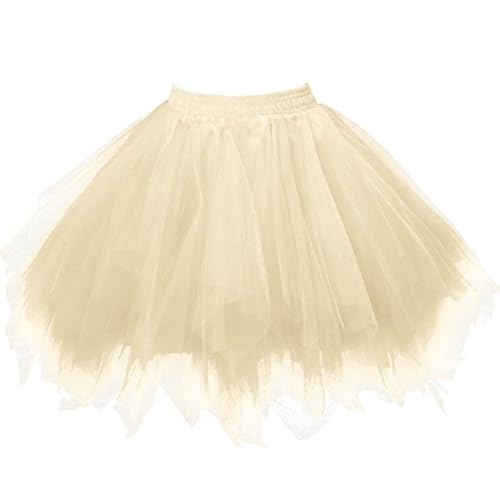 Tüllrock Damen Tüll Rock Unterrock Kurz Ballett Tutu Rockabilly Tütü Mini Rock Karneval Kostüm 80er Jahre Tutu Rocks für Erwachsene Mehrlagiger Tüll Petticoat Dress (Champagne,Einheitsgröße) von ZLQRSSWK