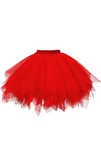 Tüllrock Damen Tüll Rock Unterrock Kurz Ballett Tutu Rockabilly Tütü Mini Rock Karneval Kostüm 80er Jahre Tutu Rocks für Erwachsene Mehrlagiger Tüll Petticoat Dress (rot,Einheitsgröße) von ZLQRSSWK
