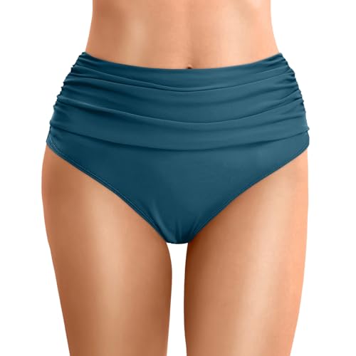 ZLQRSSWK Damen Bikinihose Retro Ruched Bauchweg Klassisch Schwarze Badehose Strandhose Grosse Grössen für Frauen Bikinis für Damen Klassisch Bequemer Bikini Slip für Strand Schwimmbad (Navy, L) von ZLQRSSWK