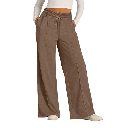 ZLQRSSWK Damen Jogginghose High Waist Sporthose Weites Bein Sweatpants Yogahose Trainingshose Fitness Sweathose Lockere Tunnelzug Baggy Freizeithose Hosen mit Taschen (Braun,L) von ZLQRSSWK