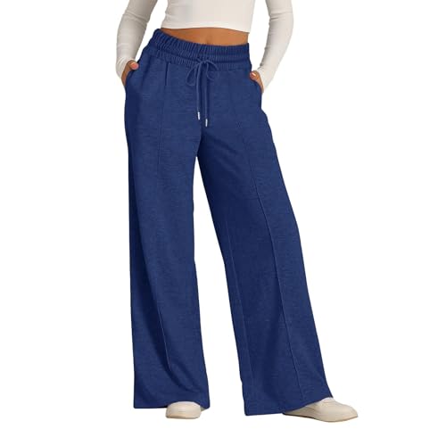 ZLQRSSWK Damen Jogginghose High Waist Sporthose Weites Bein Sweatpants Yogahose Trainingshose Fitness Sweathose Lockere Tunnelzug Baggy Freizeithose Hosen mit Taschen (Dunkelblau,S) von ZLQRSSWK