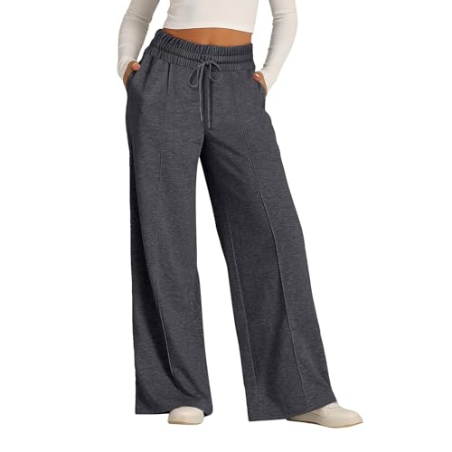 ZLQRSSWK Damen Jogginghose High Waist Sporthose Weites Bein Sweatpants Yogahose Trainingshose Fitness Sweathose Lockere Tunnelzug Baggy Freizeithose Hosen mit Taschen (Dunkelgrau,XXL) von ZLQRSSWK