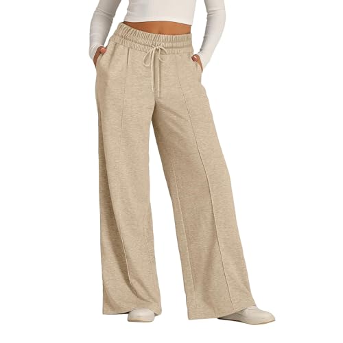 ZLQRSSWK Damen Jogginghose High Waist Sporthose Weites Bein Sweatpants Yogahose Trainingshose Fitness Sweathose Lockere Tunnelzug Baggy Freizeithose Hosen mit Taschen (Hellgelb,S) von ZLQRSSWK