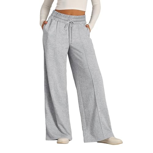 ZLQRSSWK Damen Jogginghose High Waist Sporthose Weites Bein Sweatpants Yogahose Trainingshose Fitness Sweathose Lockere Tunnelzug Baggy Freizeithose Hosen mit Taschen (Hellgrau,XXL) von ZLQRSSWK