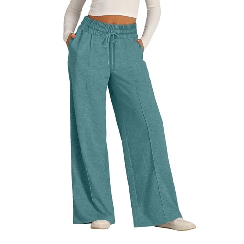 ZLQRSSWK Damen Jogginghose High Waist Sporthose Weites Bein Sweatpants Yogahose Trainingshose Fitness Sweathose Lockere Tunnelzug Baggy Freizeithose Hosen mit Taschen (Malachitgrün,XL) von ZLQRSSWK