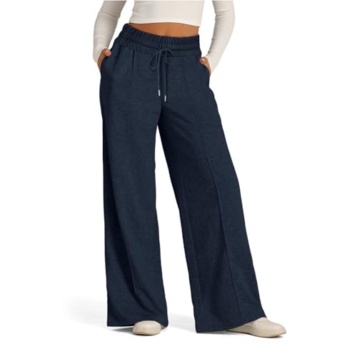 ZLQRSSWK Damen Jogginghose High Waist Sporthose Weites Bein Sweatpants Yogahose Trainingshose Fitness Sweathose Lockere Tunnelzug Baggy Freizeithose Hosen mit Taschen (Marineblau,S) von ZLQRSSWK