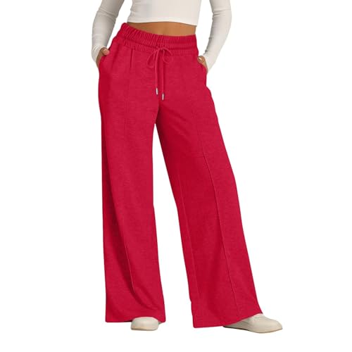 ZLQRSSWK Damen Jogginghose High Waist Sporthose Weites Bein Sweatpants Yogahose Trainingshose Fitness Sweathose Lockere Tunnelzug Baggy Freizeithose Hosen mit Taschen (Rot,S) von ZLQRSSWK