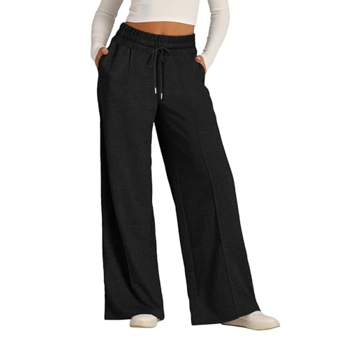 ZLQRSSWK Damen Jogginghose High Waist Sporthose Weites Bein Sweatpants Yogahose Trainingshose Fitness Sweathose Lockere Tunnelzug Baggy Freizeithose Hosen mit Taschen (Schwarz,S) von ZLQRSSWK