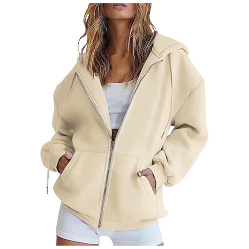 ZLQRSSWK Hoodie Damen Sweatjacke Kapuzenjacke Herbst Winter Lang Sweatshirt Kapuzenpullover Mit Kapuze Reißverschluss Mantel Oversize Pullover Zipper Sweatshirtjacke Oberteile (Beige,XL) von ZLQRSSWK