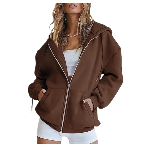 ZLQRSSWK Hoodie Damen Sweatjacke Kapuzenjacke Herbst Winter Lang Sweatshirt Kapuzenpullover Mit Kapuze Reißverschluss Mantel Oversize Pullover Zipper Sweatshirtjacke Oberteile (Bronze,3XL) von ZLQRSSWK