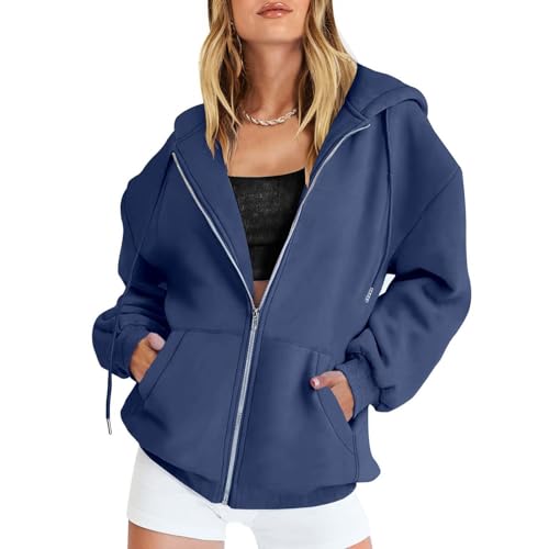 ZLQRSSWK Hoodie Damen Sweatjacke Kapuzenjacke Herbst Winter Lang Sweatshirt Kapuzenpullover Mit Kapuze Reißverschluss Mantel Oversize Pullover Zipper Sweatshirtjacke Oberteile (Dunkelblau2,L) von ZLQRSSWK