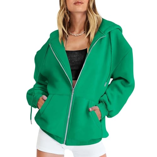 ZLQRSSWK Hoodie Damen Sweatjacke Kapuzenjacke Herbst Winter Lang Sweatshirt Kapuzenpullover Mit Kapuze Reißverschluss Mantel Oversize Pullover Zipper Sweatshirtjacke Oberteile (Grün,L) von ZLQRSSWK
