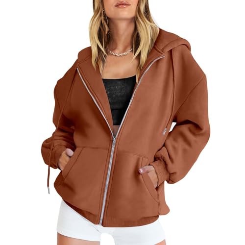 ZLQRSSWK Hoodie Damen Sweatjacke Kapuzenjacke Herbst Winter Lang Sweatshirt Kapuzenpullover Mit Kapuze Reißverschluss Mantel Oversize Pullover Zipper Sweatshirtjacke Oberteile (Kaffee,3XL) von ZLQRSSWK