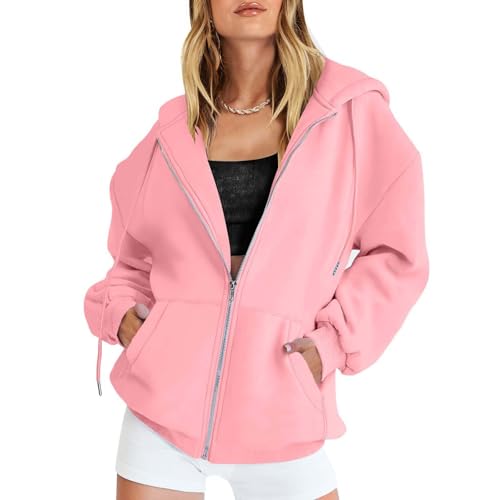 ZLQRSSWK Hoodie Damen Sweatjacke Kapuzenjacke Herbst Winter Lang Sweatshirt Kapuzenpullover Mit Kapuze Reißverschluss Mantel Oversize Pullover Zipper Sweatshirtjacke Oberteile (Rose1,S) von ZLQRSSWK