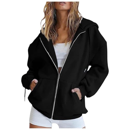 ZLQRSSWK Hoodie Damen Sweatjacke Kapuzenjacke Herbst Winter Lang Sweatshirt Kapuzenpullover Mit Kapuze Reißverschluss Mantel Oversize Pullover Zipper Sweatshirtjacke Oberteile (Schwarz,M) von ZLQRSSWK