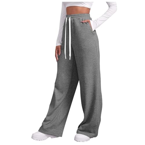 ZLQRSSWK Jogginghose Damen Sporthose Lang Baggy Traininghose High Waist Freizeithose Lockere Sweatpants mit Taschen Weites Gerades Bein Yoga Gym Hose Laufhosen Warme Winter Fleece Hosen (Grau,M) von ZLQRSSWK