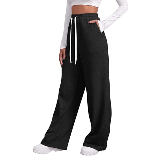 ZLQRSSWK Jogginghose Damen Sporthose Lang Baggy Traininghose High Waist Freizeithose Lockere Sweatpants mit Taschen Weites Gerades Bein Yoga Gym Hose Laufhosen Warme Winter Fleece Hosen (Schwarz,3XL) von ZLQRSSWK