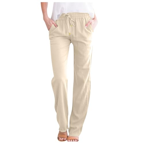ZLQRSSWK Leinenhose Damen Hose Sommer Musselin Hosen Stoffhose Einfarbig Freizeithose Gerade Geschnitten Sommerhose und Taschen Sommerhose Damen Leicht Baumwolle Leinen Hose (Beige-a, L) von ZLQRSSWK