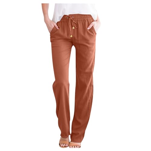 ZLQRSSWK Leinenhose Damen Hose Sommer Musselin Hosen Stoffhose Einfarbig Freizeithose Gerade Geschnitten Sommerhose und Taschen Sommerhose Damen Leicht Baumwolle Leinen Hose (Brown-c, L) von ZLQRSSWK