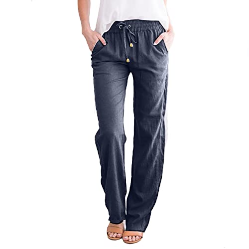 ZLQRSSWK Leinenhose Damen Hose Sommer Musselin Hosen Stoffhose Einfarbig Freizeithose Gerade Geschnitten Sommerhose und Taschen Sommerhose Damen Leicht Baumwolle Leinen Hose (Navy-b, L) von ZLQRSSWK