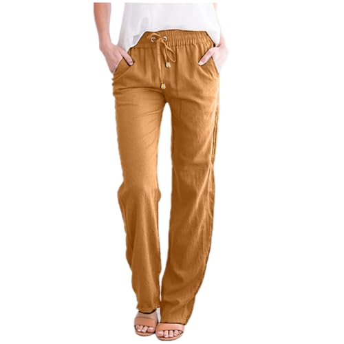 ZLQRSSWK Leinenhose Damen Hose Sommer Musselin Hosen Stoffhose Einfarbig Freizeithose Gerade Geschnitten Sommerhose und Taschen Sommerhose Damen Leicht Baumwolle Leinen Hose (Orange-b, XL) von ZLQRSSWK