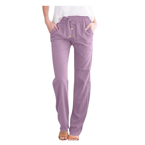 ZLQRSSWK Leinenhose Damen Hose Sommer Musselin Hosen Stoffhose Einfarbig Freizeithose Gerade Geschnitten Sommerhose und Taschen Sommerhose Damen Leicht Baumwolle Leinen Hose (Purple-c, L) von ZLQRSSWK