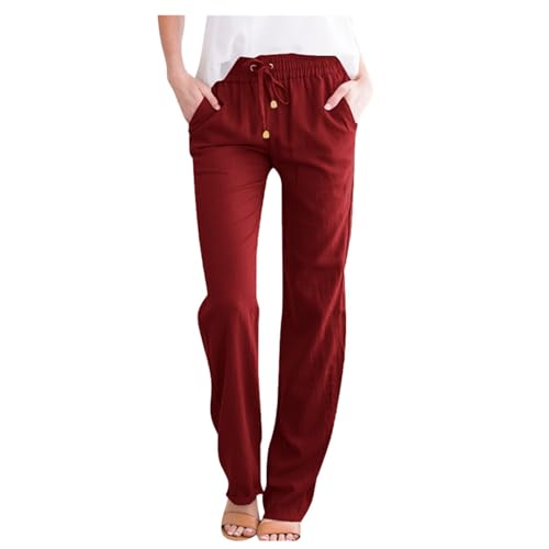 ZLQRSSWK Leinenhose Damen Hose Sommer Musselin Hosen Stoffhose Einfarbig Freizeithose Gerade Geschnitten Sommerhose und Taschen Sommerhose Damen Leicht Baumwolle Leinen Hose (XXL) von ZLQRSSWK