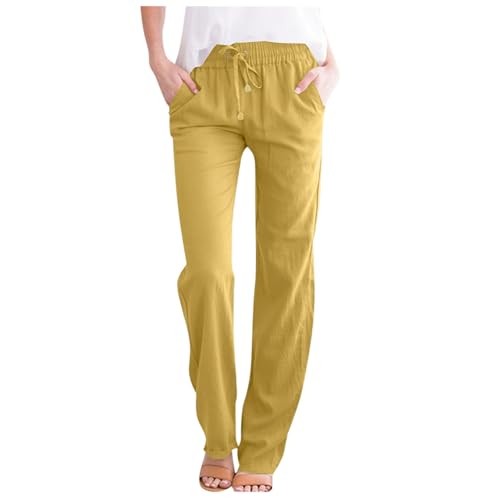 ZLQRSSWK Leinenhose Damen Hose Sommer Musselin Hosen Stoffhose Einfarbig Freizeithose Gerade Geschnitten Sommerhose und Taschen Sommerhose Damen Leicht Baumwolle Leinen Hose von ZLQRSSWK