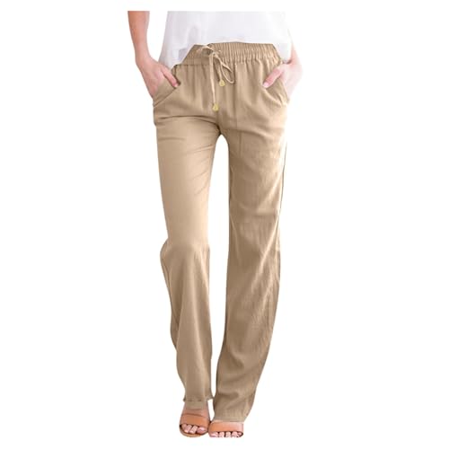 ZLQRSSWK Leinenhose Damen Hose Sommer Musselin Hosen Stoffhose Einfarbig Freizeithose Gerade Geschnitten Sommerhose und Taschen Sommerhose Damen Leicht Baumwolle Leinen Hose von ZLQRSSWK