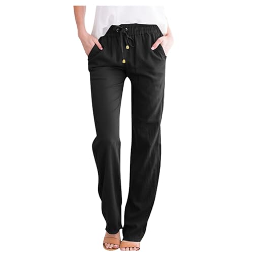 ZLQRSSWK Leinenhose Damen Hose Sommer Musselin Hosen Stoffhose Einfarbig Freizeithose Gerade Geschnitten Sommerhose und Taschen Sommerhose Damen Leicht Baumwolle Leinen Hose von ZLQRSSWK