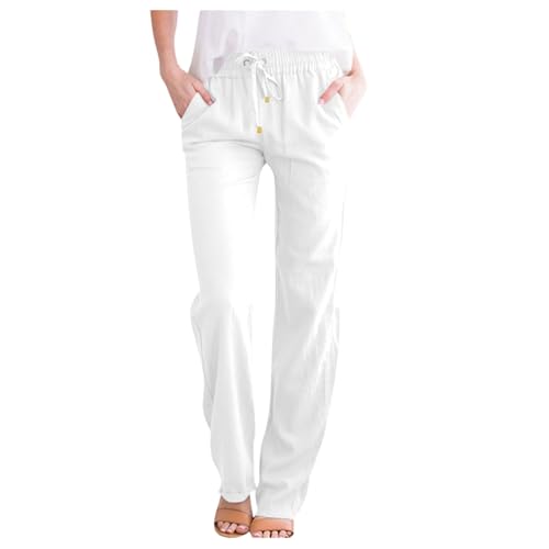 ZLQRSSWK Leinenhose Damen Hose Sommer Musselin Hosen Stoffhose Einfarbig Freizeithose Gerade Geschnitten Sommerhose und Taschen Sommerhose Damen Leicht Baumwolle Leinen Hose von ZLQRSSWK