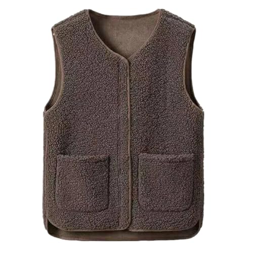 ZLQRSSWK Teddy Fleece Weste Damen Leichte Weste Fleeceweste Herbst Winter Warm Ärmellos Westen Leicht Casual Einfarbig V-Ausschnitt Damenweste Mit Taschen Pelzjacke Plüschweste (Kaffee,L) von ZLQRSSWK