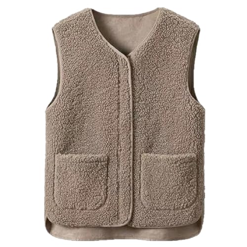 ZLQRSSWK Teddy Fleece Weste Damen Leichte Weste Fleeceweste Herbst Winter Warm Ärmellos Westen Leicht Casual Einfarbig V-Ausschnitt Damenweste Mit Taschen Pelzjacke Plüschweste (Khaki,L) von ZLQRSSWK