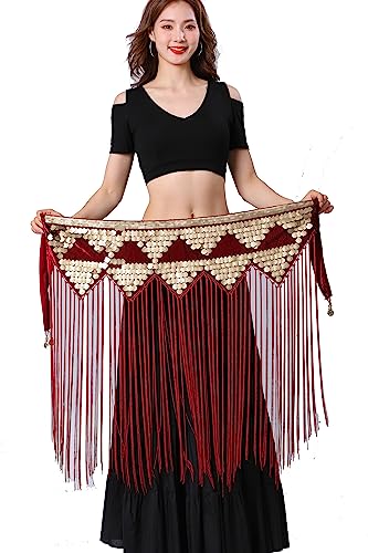 ZLTdream Tribal Bauchtanz Hüfttuch Fransen Gürtel Wickelrock mit Traingle Glitzer Pailletten für Frauen Outfit Zubehör Kostüm, Weinrot, Einheitsgröße von ZLTdream