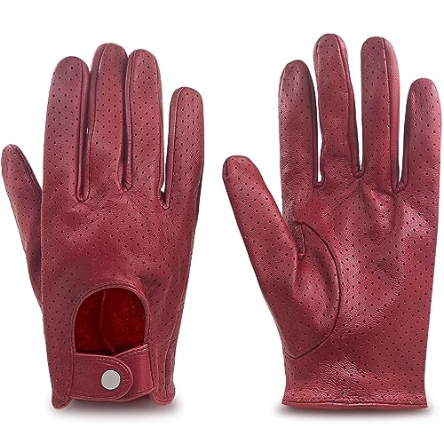 ZLUXURQ Damen Retro Weiche nd Dünne Lammfell Leder Touchscreen Fahrhandschuhe mit Vollmaschige, Rot von ZLUXURQ