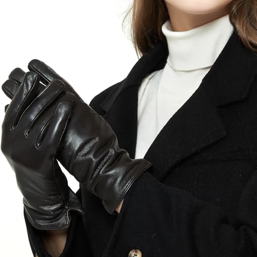 ZLUXURQ Damen Weiche Dunkelbraun echte Lammfell Leder Leder kaltes Wetter Touchscreen Handschuhe Kaschmir gefüttert von ZLUXURQ