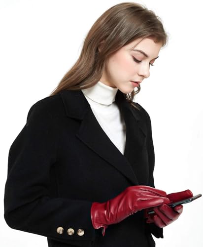 ZLUXURQ Handschuhe Damen Rot Weiche Lammfell Leder Touchscreen und mit Kaschmir gefüttert Winter handschuhe,bequem und warm. von ZLUXURQ