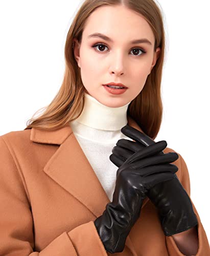 ZLUXURQ Handschuhe Damen Schwarz Weiche Lammfell Leder Touchscreen und mit Kaschmir gefüttert Winter handschuhe,bequem und warm. von ZLUXURQ