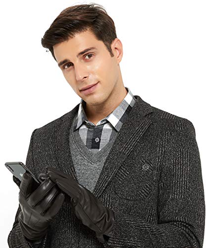 ZLUXURQ Herren Braun Weiches Lammfell Leder Touchscreen Winter Fahrhandschuhe Kaschmir Gefüttert, bequem und warm. von ZLUXURQ